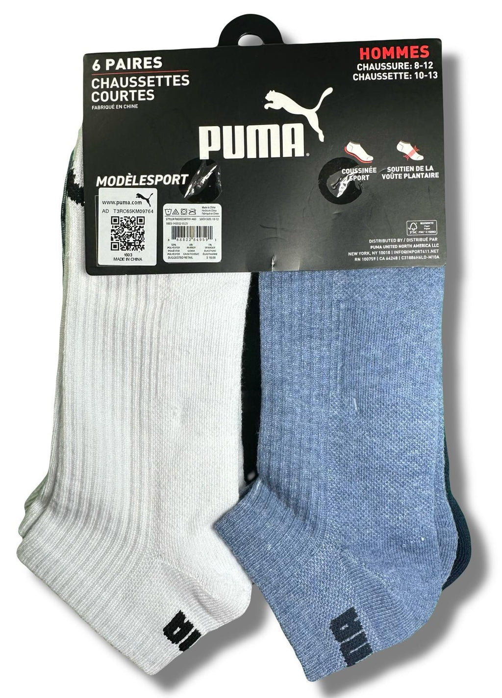 PUMA SOCKS MEN'S - LOW CUT - RIBBED 253 - BLUE - LARGE (10-13) PACK 6 XX