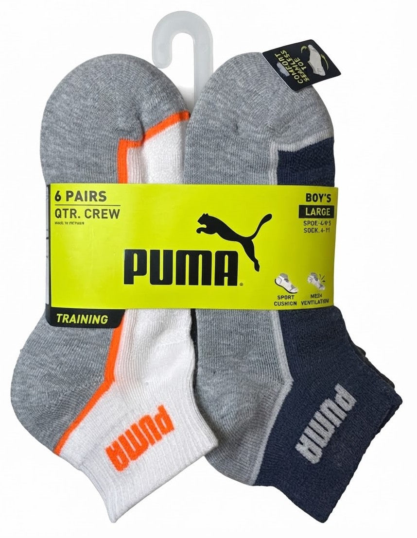 PUMA SOCKS BOYS X6 - QUARTER 263 - PHILLY WHITE BLUE SZ LARGE 4 9.5 - 6 PACK