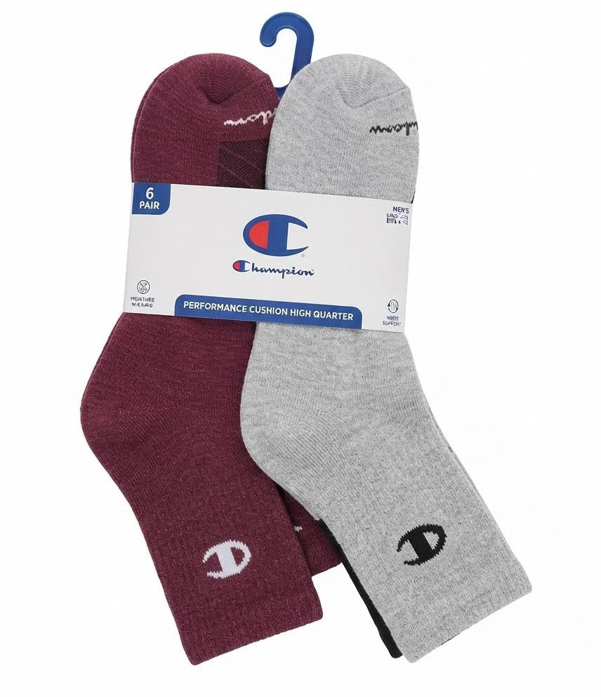 CHAMPION SOCKS MEN'S - HIGH QUARTER 263 - WINE GREY - LARGE (6-12) PACK 6 XX