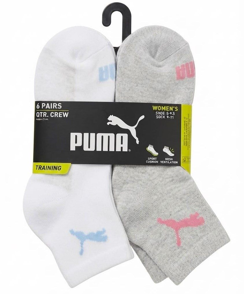 PUMA SOCKS WOMEN'S - QUARTER - EVEN 263 - WHITE GREY - SHOE SZ 5-9.5 - PACK 6