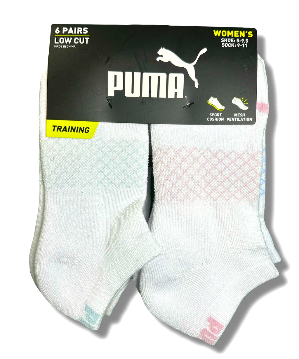 PUMA SOCKS WOMEN'S - LOW CUT 253 - NET - WHITE PINK - SHOE SZ 5-9.5 -PACK 6