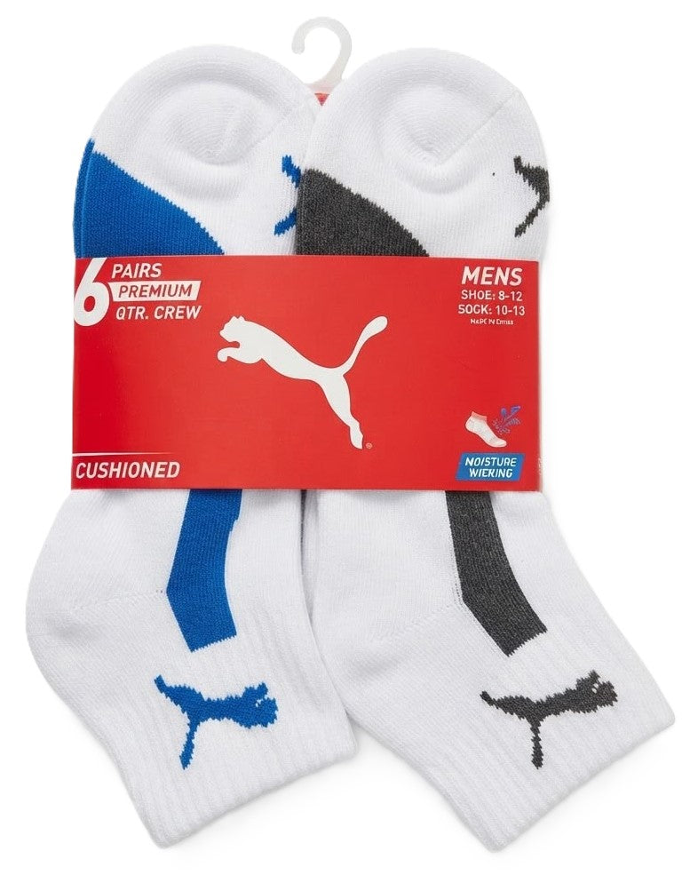 PUMA SOCKS MEN'S - QUARTER CUT - PIPE 263 - WHITE ROYAL GREY - LARGE PACK 6 XX