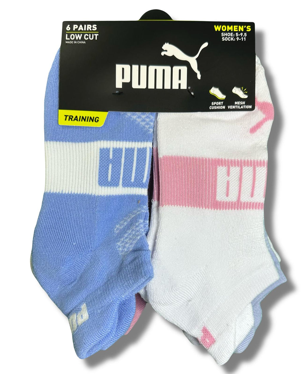 PUMA SOCKS WOMEN'S - LOW CUT 253 - EDGE BLUE PINK - SHOE SZ 5-9.5 -PACK 6