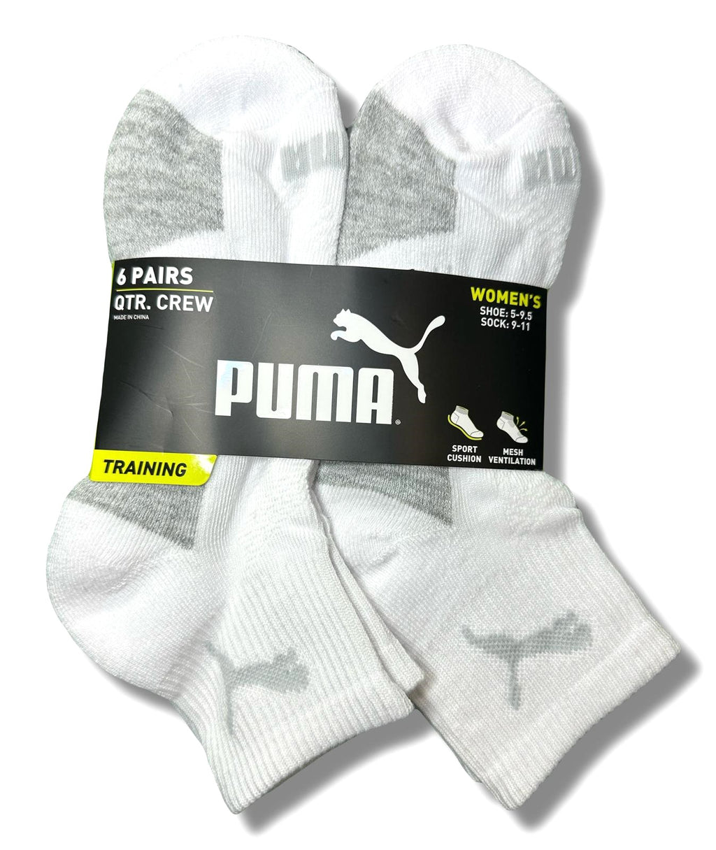 PUMA SOCKS WOMEN'S - QUARTER 263 - EVEN WHITE GREY - SHOE SZ 5-9.5 -PACK 6