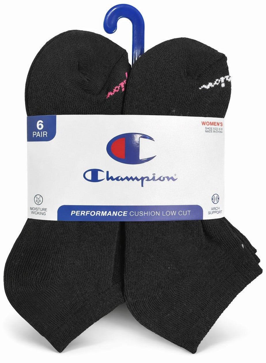 CHAMPION SOCKS WOMEN'S - LOW CUT - 263 BLACK PINK WHITE - SHOE SZ 5-9 PACK 6