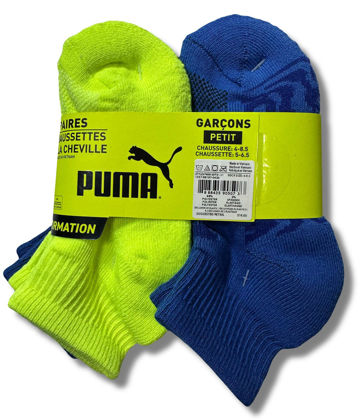 PUMA SOCKS BOYS X6 - QUARTER 243 DECO - BLUE SZ SMALL - SHOE SZ 4-8.5 - 6 PACK
