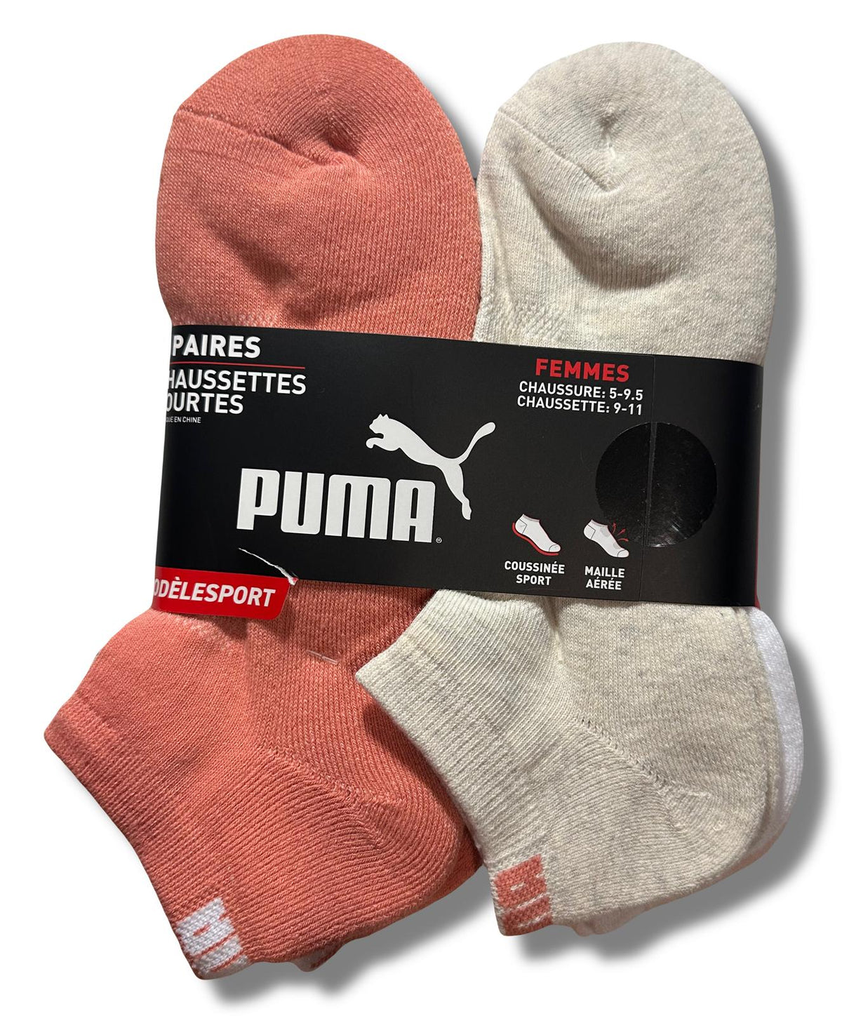 PUMA SOCKS WOMEN'S - LOW CUT 243 - SOLID 3 - CORAL GRAY - SHOE SZ 5-9.5 - PACK 6