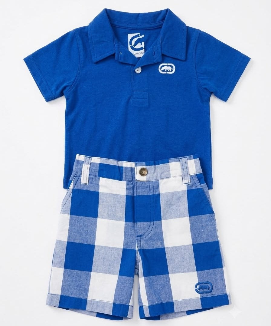 ECKO UNLTD OUTFIT BOYS - PLAID BLUE SZ 12 MONTHS - BABY 2 PCS SHIRT & PANTS