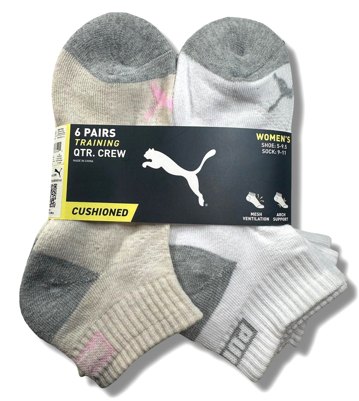 PUMA SOCKS WOMEN'S - QUARTER 243 - ZING SAND WHITE - SHOE SZ 5-9.5 - PACK 6