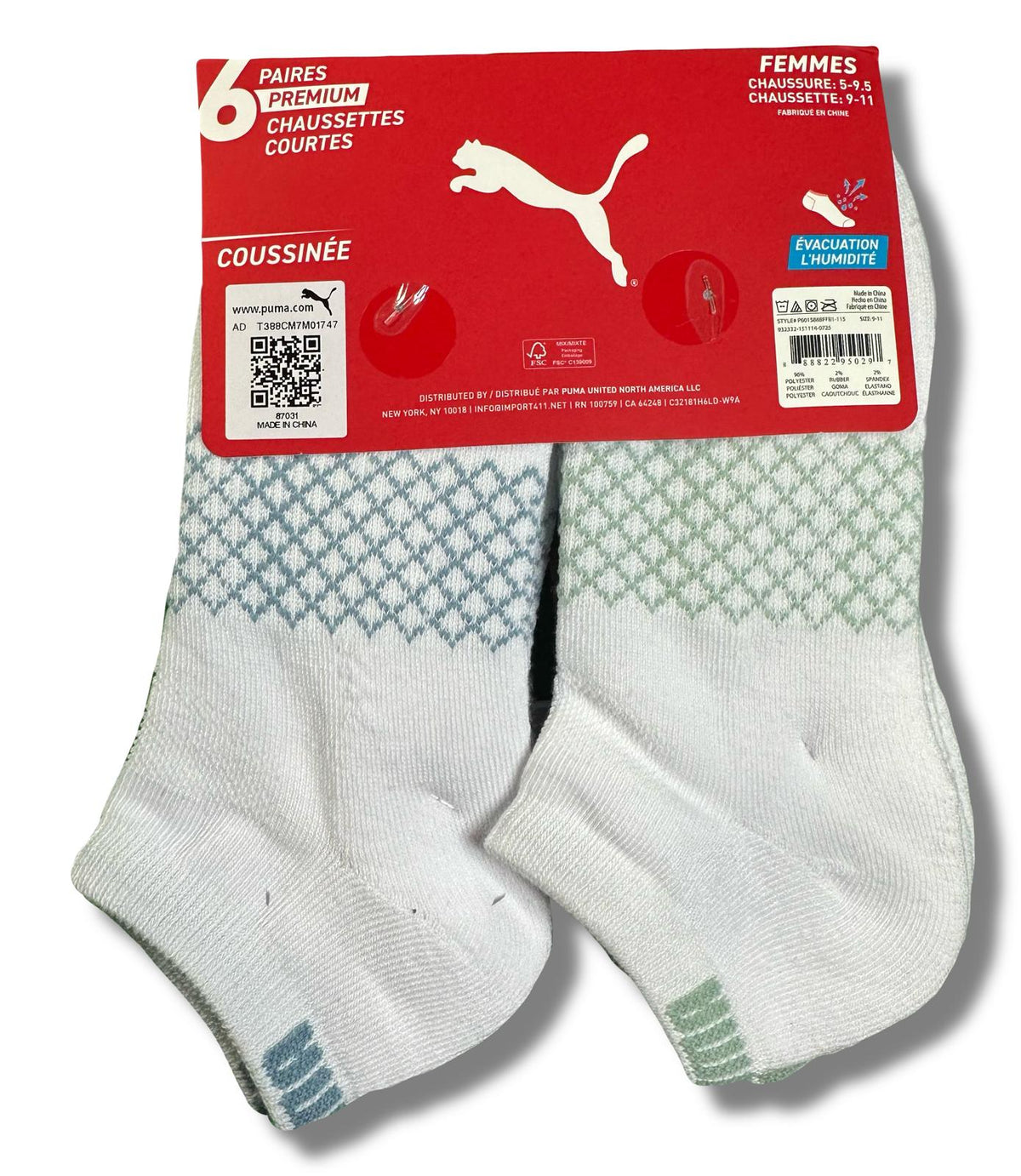 PUMA SOCKS WOMEN'S - LOW CUT 263 - NET - WHITE CORAL - SHOE SZ 5-9.5 -PACK 6