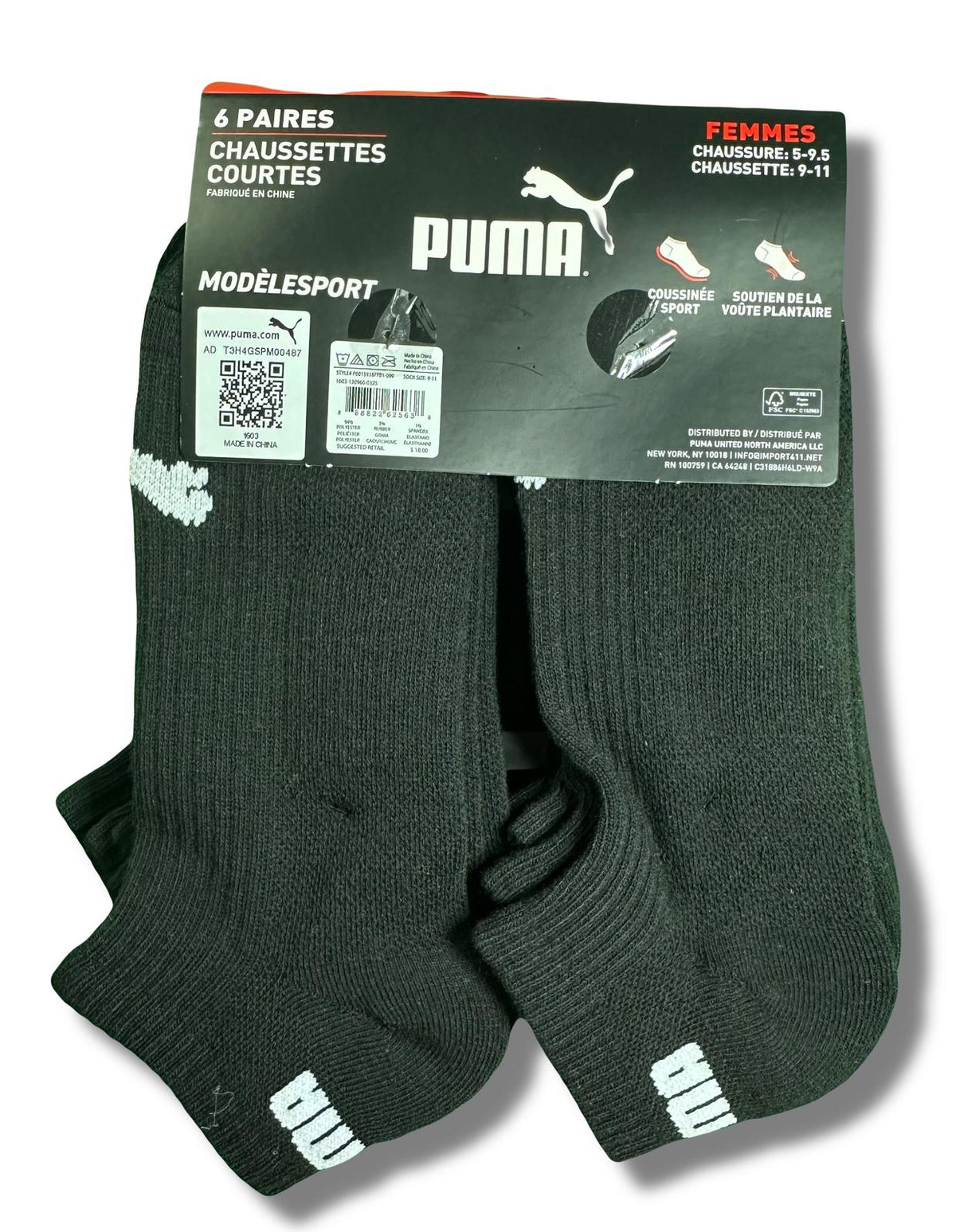 PUMA SOCKS WOMEN'S - LOW CUT 253 - RIBBED BLACK BLACK - SHOE SZ 5-9.5 -PACK 6