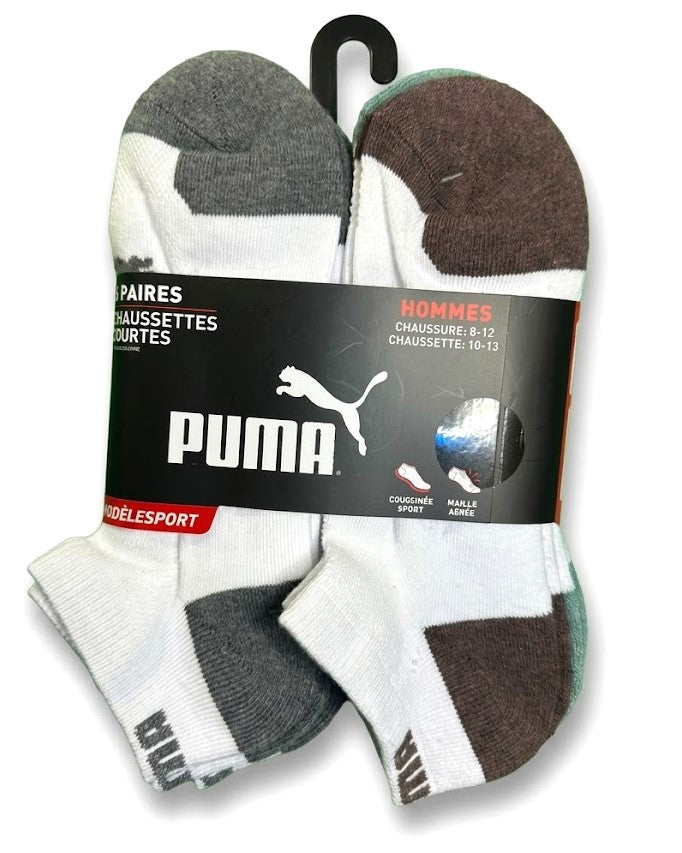PUMA SOCKS MEN'S - LOW CUT - EVEN 263 - WHITE GREEN BRO- LARGE (10-13) PACK 6 XX