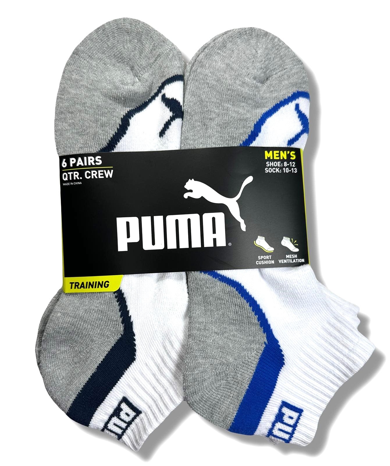 PUMA SOCKS MEN'S - QUARTER CUT - WAVE 253 - WHITE BLUE - LARGE PACK 6 XX