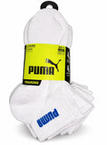 PUMA SOCKS BOYS X6 - HI QUARTER 263 - SOLID WHITE - LARGE SHOE 4-9.5 - 6 PACK