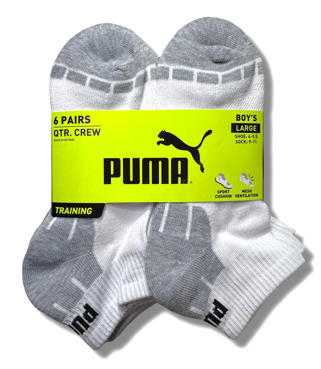 PUMA SOCKS BOYS X6 - QUARTER 243 - CUBE WHITE - LARGE SZ SHOE 4-9.5 - 6 PACK
