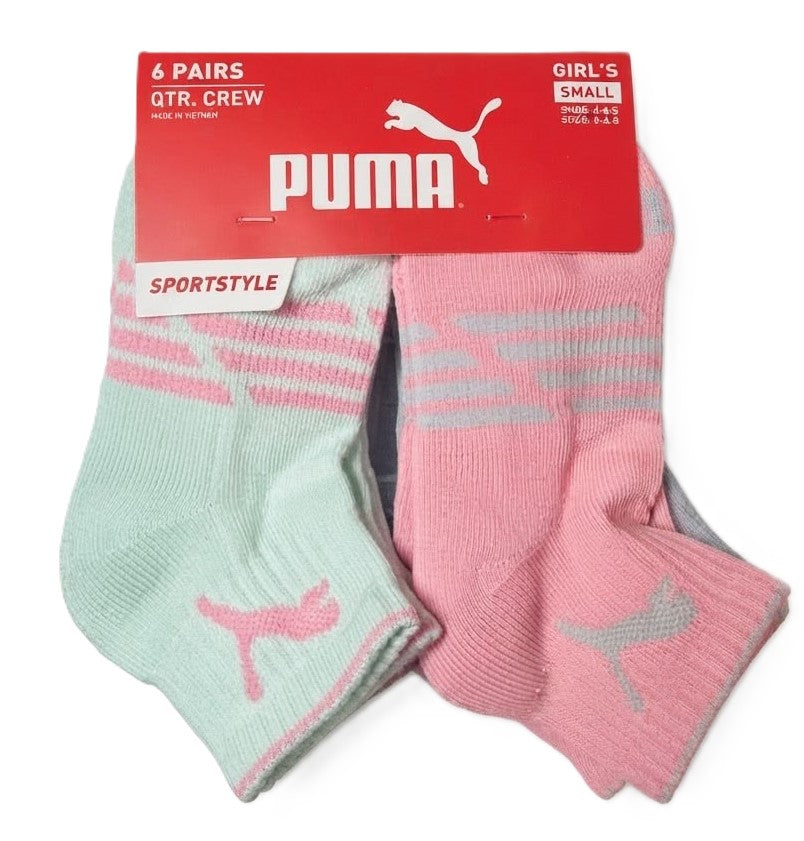 PUMA SOCKS GIRLS X6 - QUARTER CUT 263 - CATY GREEN PINK- SMALL SHOE 4-8.5 6 PACK