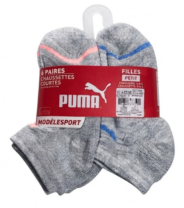 PUMA SOCKS GIRLS X6 - LOW CUT 263 - GREY PINK BLUE - SMALL 6 PACK SHOE 4-8.5