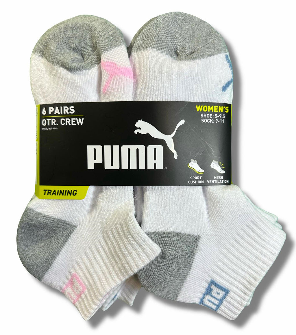 PUMA SOCKS WOMEN'S - QUARTER 253 - ZING WHITE PINK - SHOE SZ 5-9.5 -PACK 6