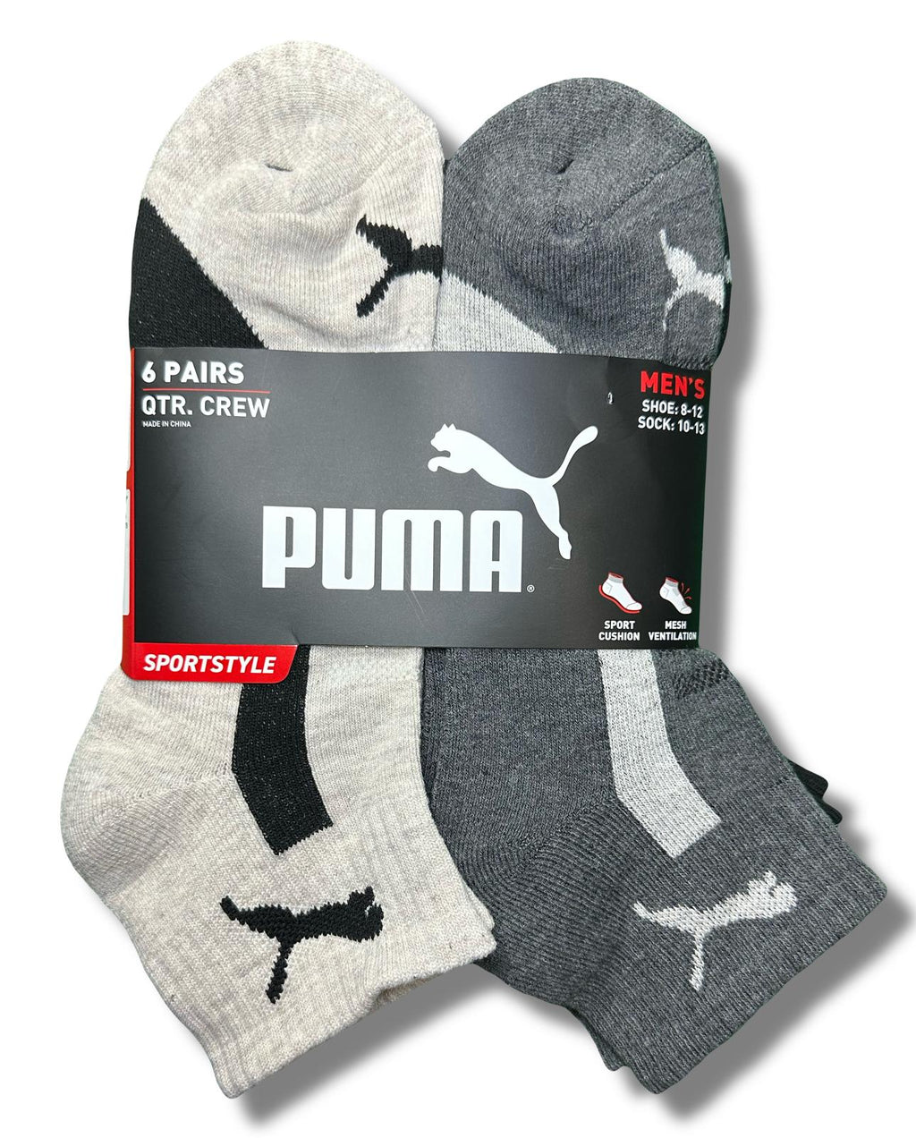 PUMA SOCKS MEN'S - QUARTER CUT - PIPE 253 - BEIGE GREY - LARGE (10-13) PACK 6 XX
