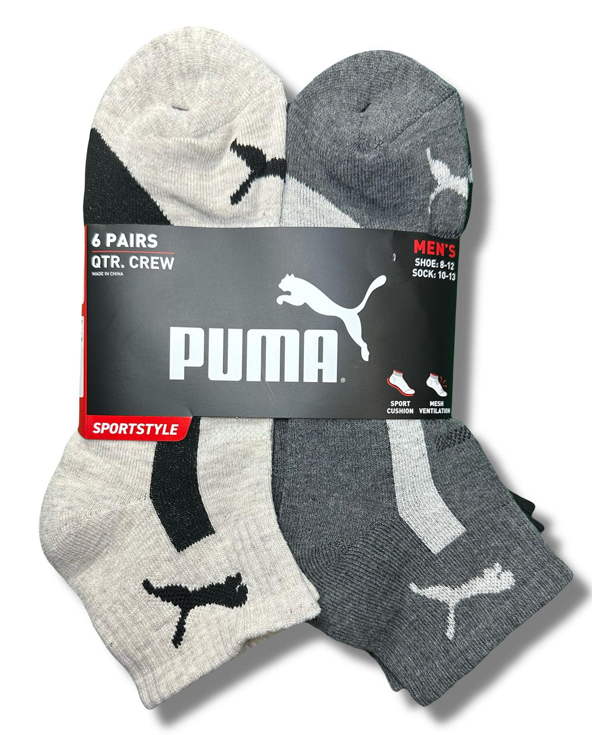 PUMA SOCKS MEN'S - QUARTER CUT - PIPE 253 - BEIGE GREY - LARGE (10-13) PACK 6 XX