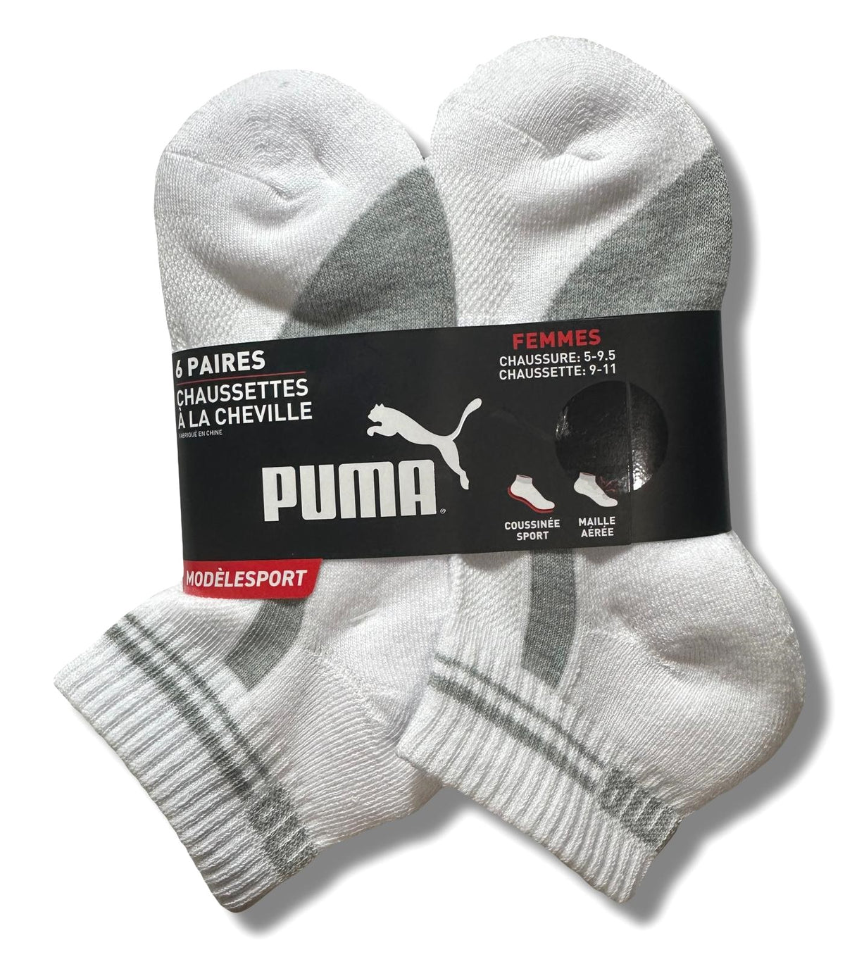 PUMA SOCKS WOMEN'S - QUARTER 243 - PIPE WHITE GREY - SHOE SZ 5-9.5 - PACK 6