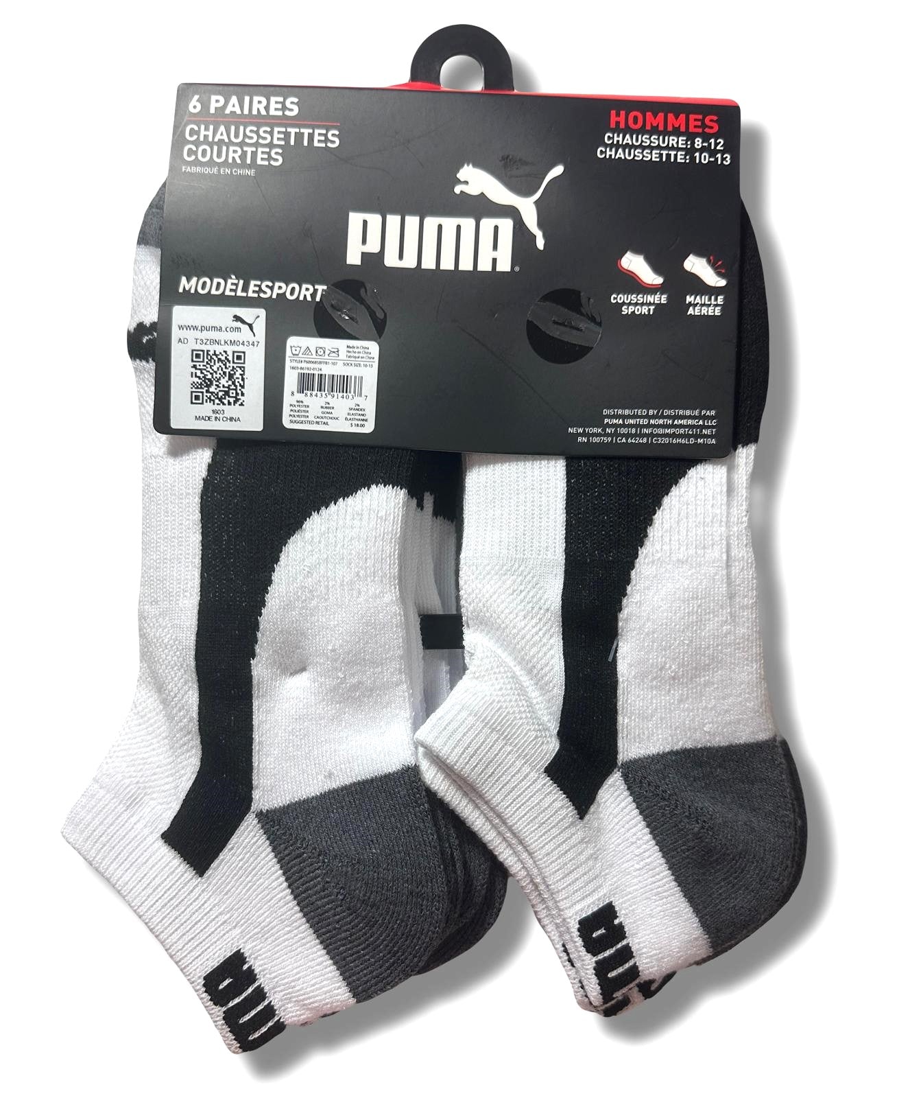 PUMA SOCKS MEN'S - LOW CUT - PIPE 243 - WHITE BLACK - LARGE (10-13) PACK 6 XX
