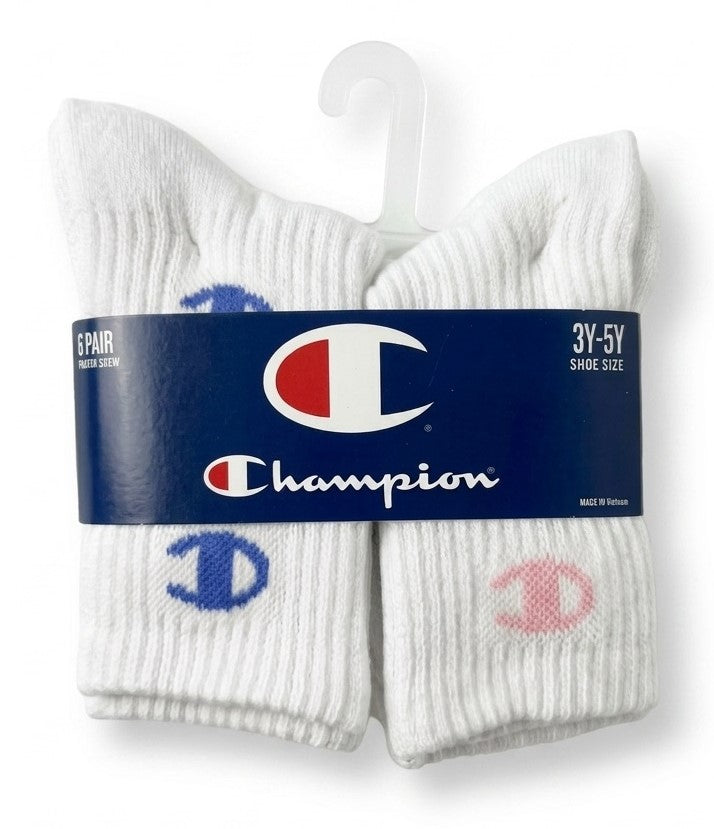 CHAMPION SOCKS GIRLS X6 - CREW 263 - PINK LOGO - SHOE 3Y-5Y / 6-8.5 6 PACK