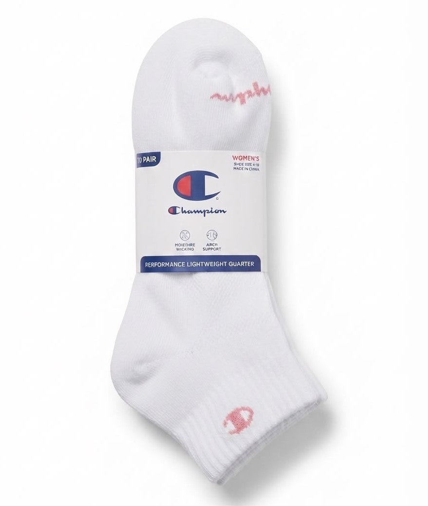 CHAMPION SOCKS WOMEN'S - LOW CUT - 263 WHITE LOGO PINK - SHOE SZ 4-10 PACK 10