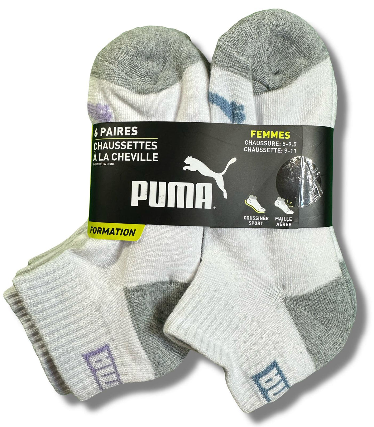 PUMA SOCKS WOMEN'S - QUARTER 253 - ZING WHITE PINK - SHOE SZ 5-9.5 -PACK 6