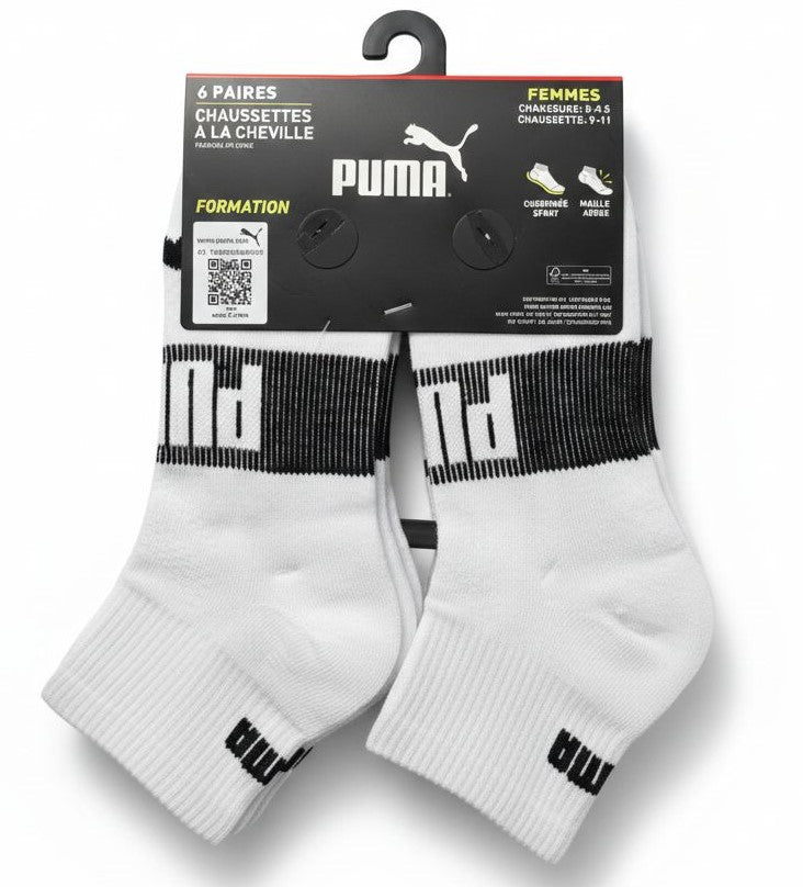 PUMA SOCKS WOMEN'S - QUARTER 263 - EDGE WHITE BLACK - SHOE SZ 5-9.5 - PACK 6