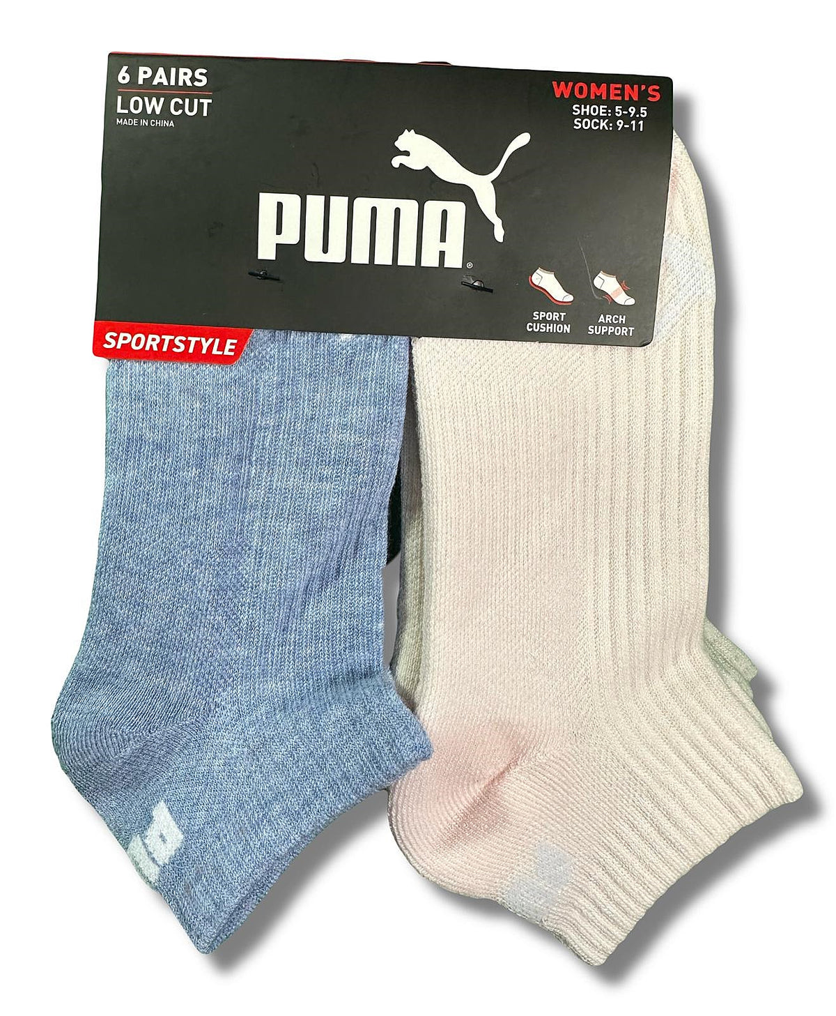 PUMA SOCKS WOMEN'S - LOW CUT 253 - RIBBED BLUE PINK - SHOE SZ 5-9.5 -PACK 6