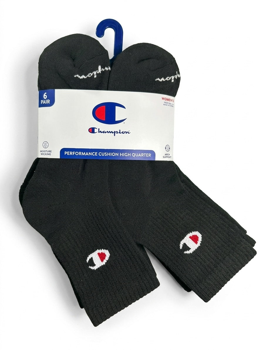 CHAMPION SOCKS WOMEN'S - HIGH QUARTER 263 - BLACK SOLID - SHOE SZ 4-10 PACK 6