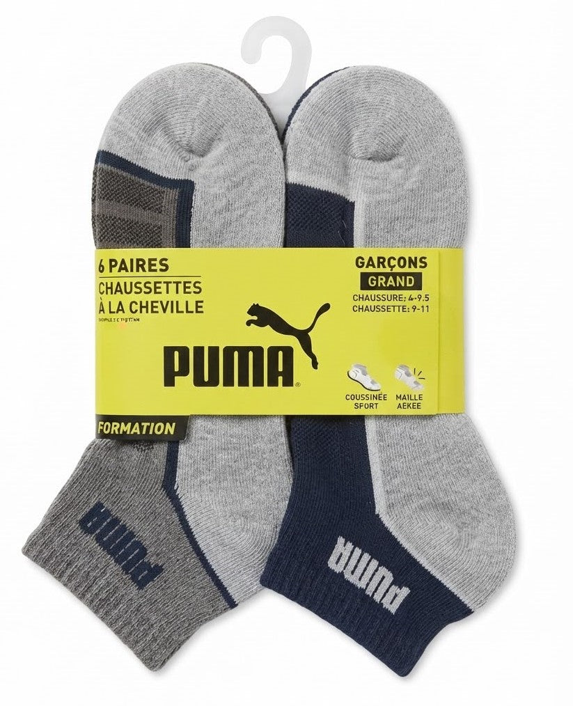 PUMA SOCKS BOYS X6 - QUARTER 263 - PHILLY WHITE BLUE SZ LARGE 4 9.5 - 6 PACK