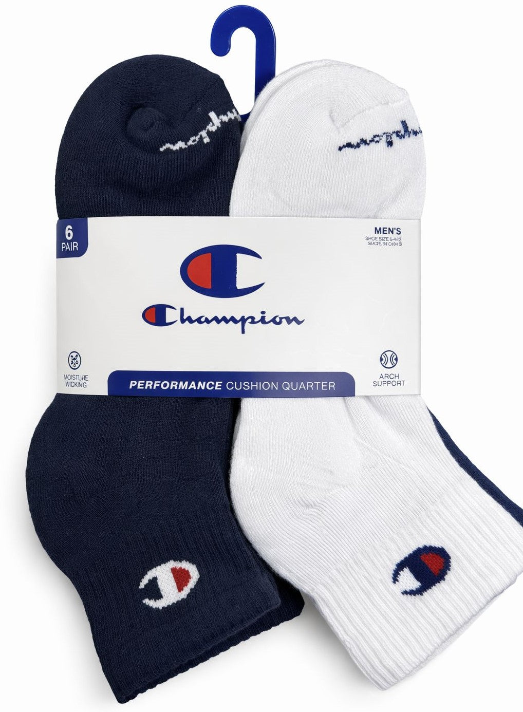 CHAMPION SOCKS MEN'S - QUARTER - SOLID 263 - NAVY WHITE - LARGE (6-12) PACK 6 XX
