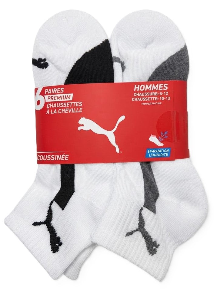 PUMA SOCKS MEN'S - QUARTER CUT - PIPE 263 - WHITE ROYAL GREY - LARGE PACK 6 XX