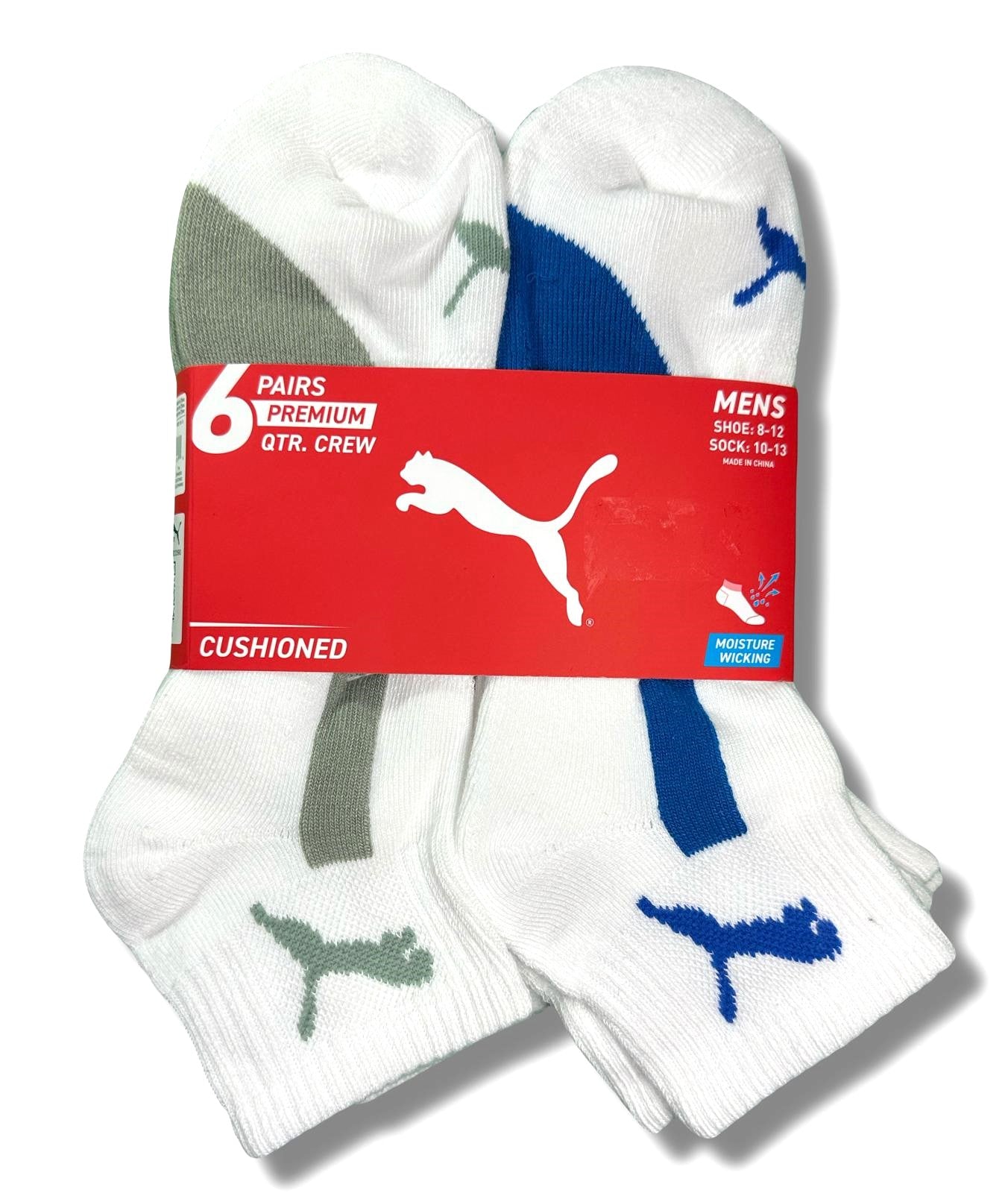 PUMA SOCKS MEN'S - QUARTER CUT - PIPE 253 - WHITE WITH BLUE - LARGE PACK 6 XX