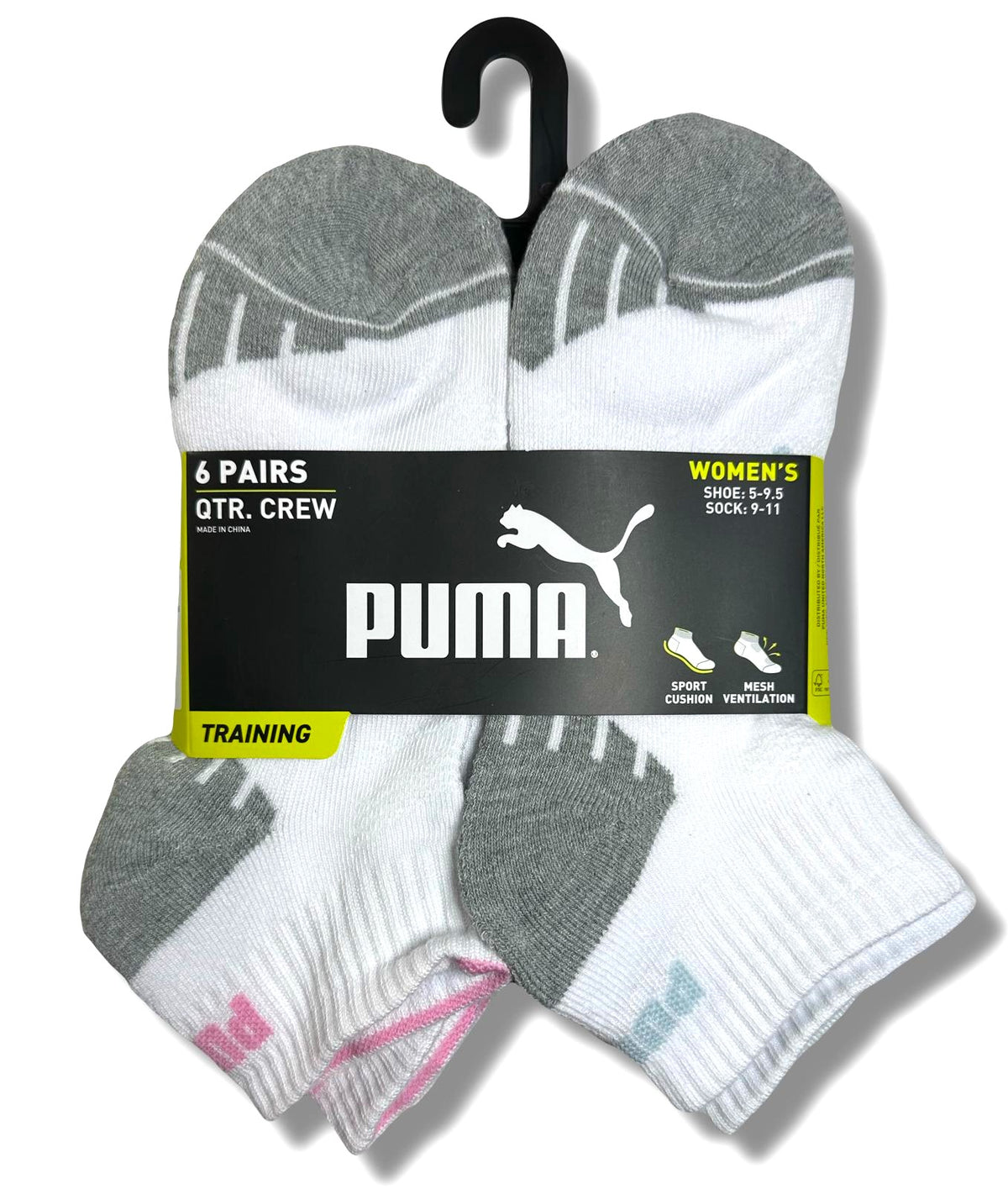 PUMA SOCKS WOMEN'S - QUARTER 253 - ASHY WHITE - SHOE SZ 5-9.5 - PACK 6