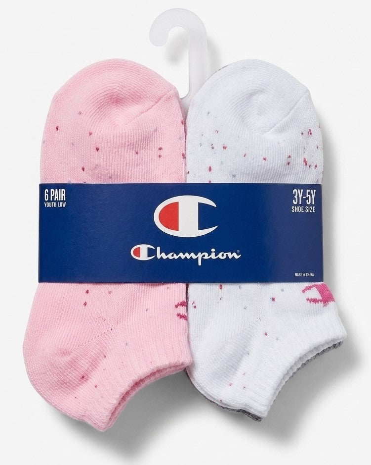 CHAMPION SOCKS GIRLS X6 - LOW CUT 253 - PINK WHITE - SHOE 3Y-5Y / 6-8.5 6 PACK