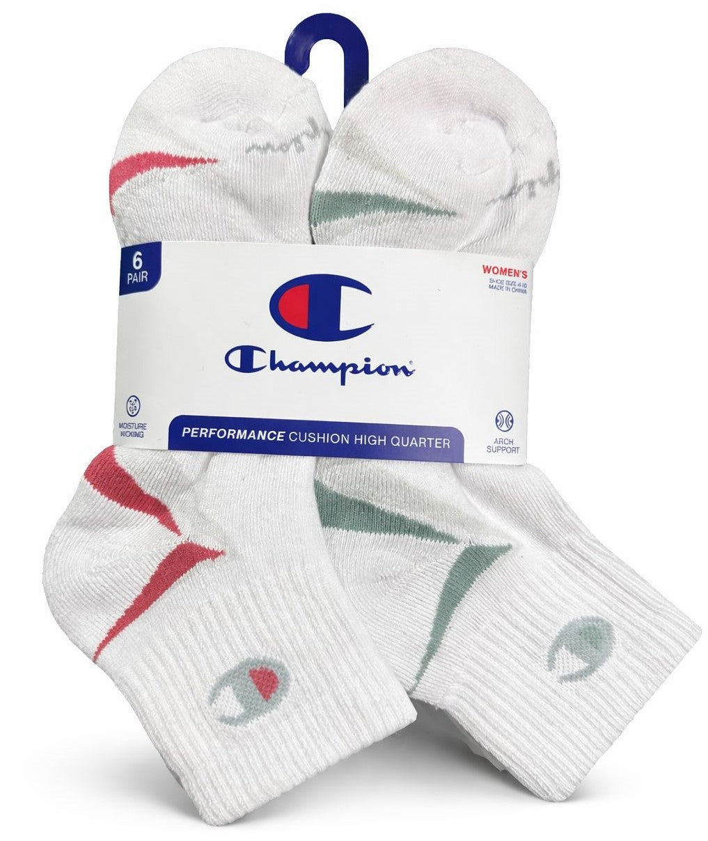 CHAMPION SOCKS WOMEN'S - QUARTER CUT 263 - PINK GREEN - SHOE SZ 5-9 PACK 6