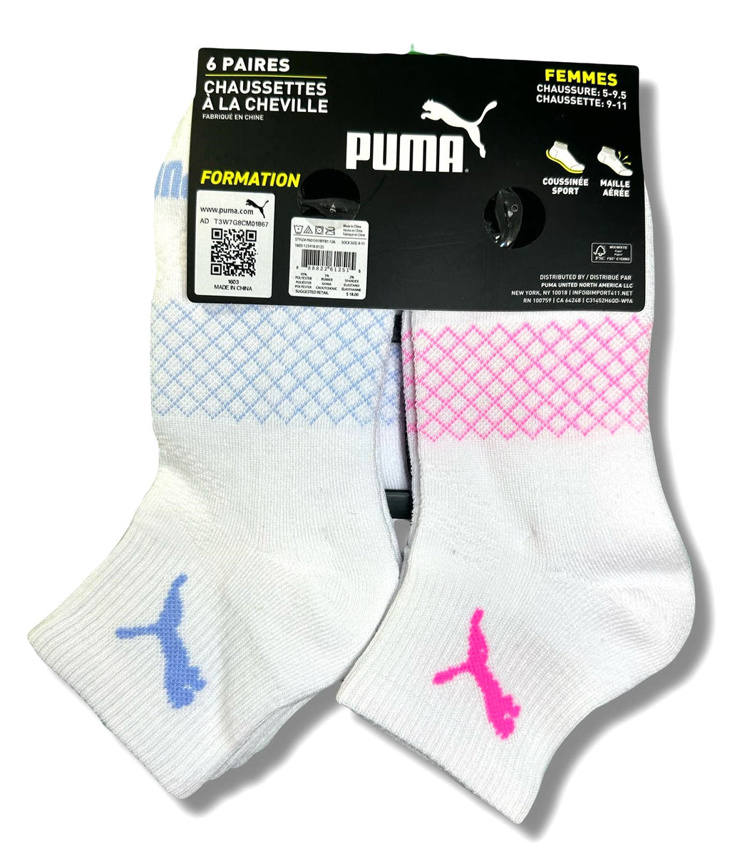 PUMA SOCKS WOMEN'S - QUARTER 253 - NET PINK BLUE - SHOE SZ 5-9.5 - PACK 6