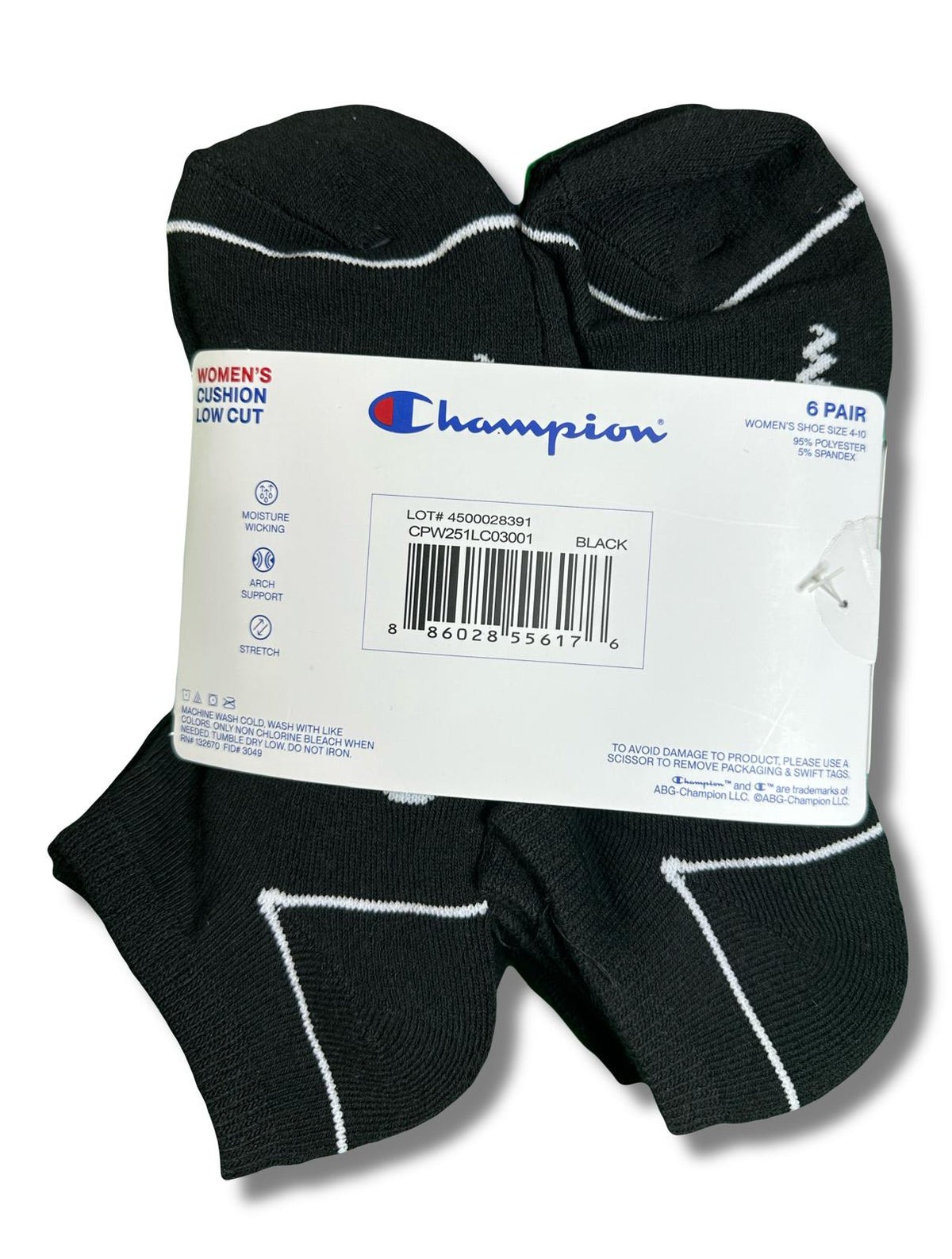 CHAMPION SOCKS WOMEN'S - LOW CUT - 253 BLACK BLACK - SHOE SZ 4-10 PACK 6