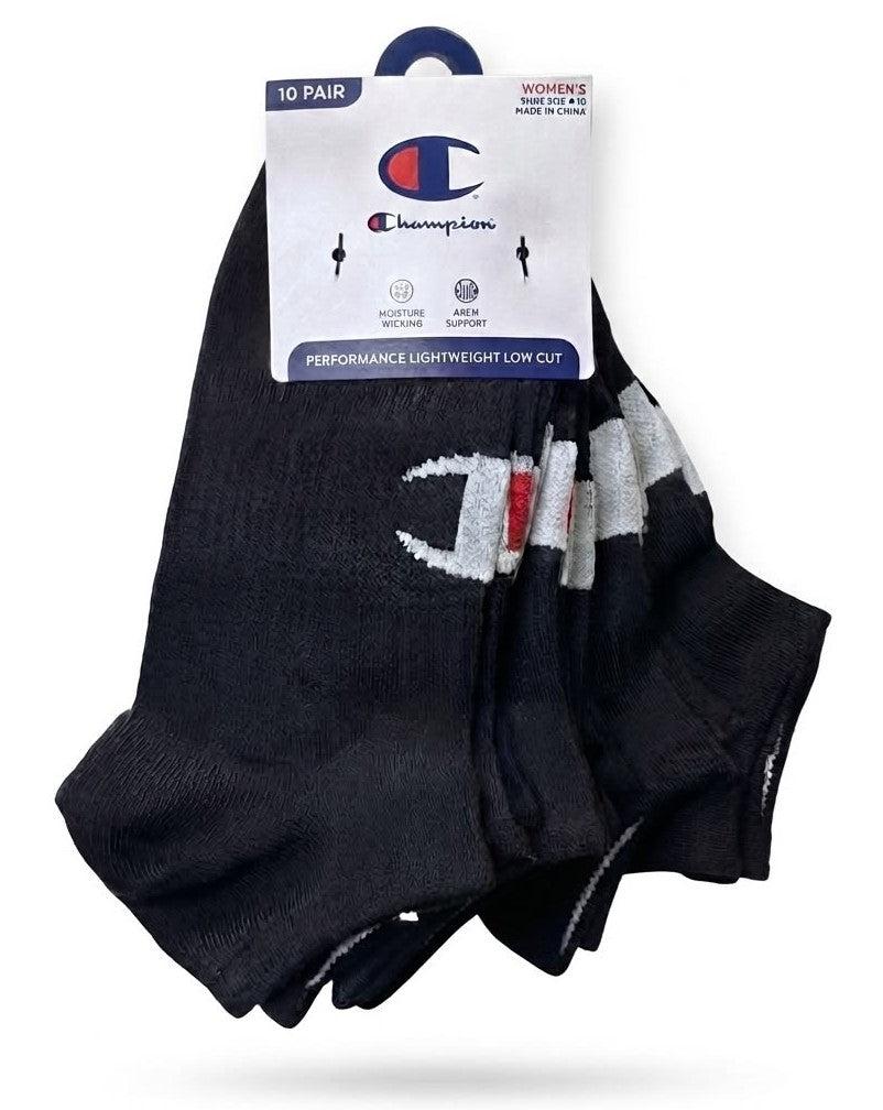 CHAMPION SOCKS WOMEN'S - LOW CUT - 263 BLACK LOGO WHITE - SHOE SZ 4-10 PACK 10