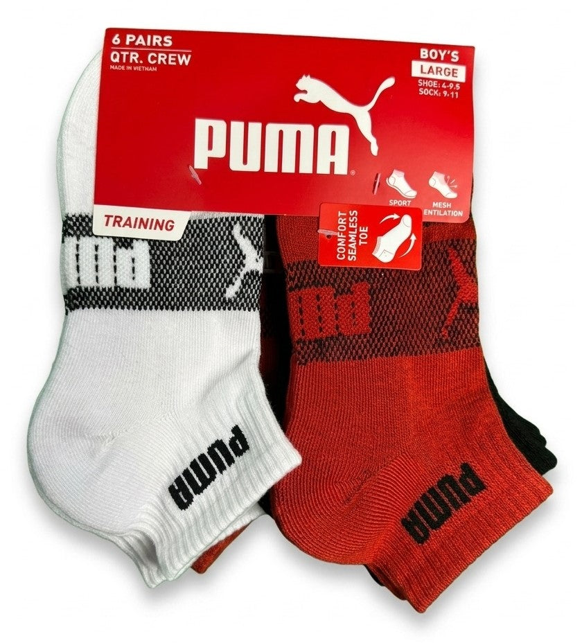PUMA SOCKS BOYS X6 - QUARTER 263 - RED WHITE SZ LARGE - SHOE SZ 4-9.5 - 6 PACK