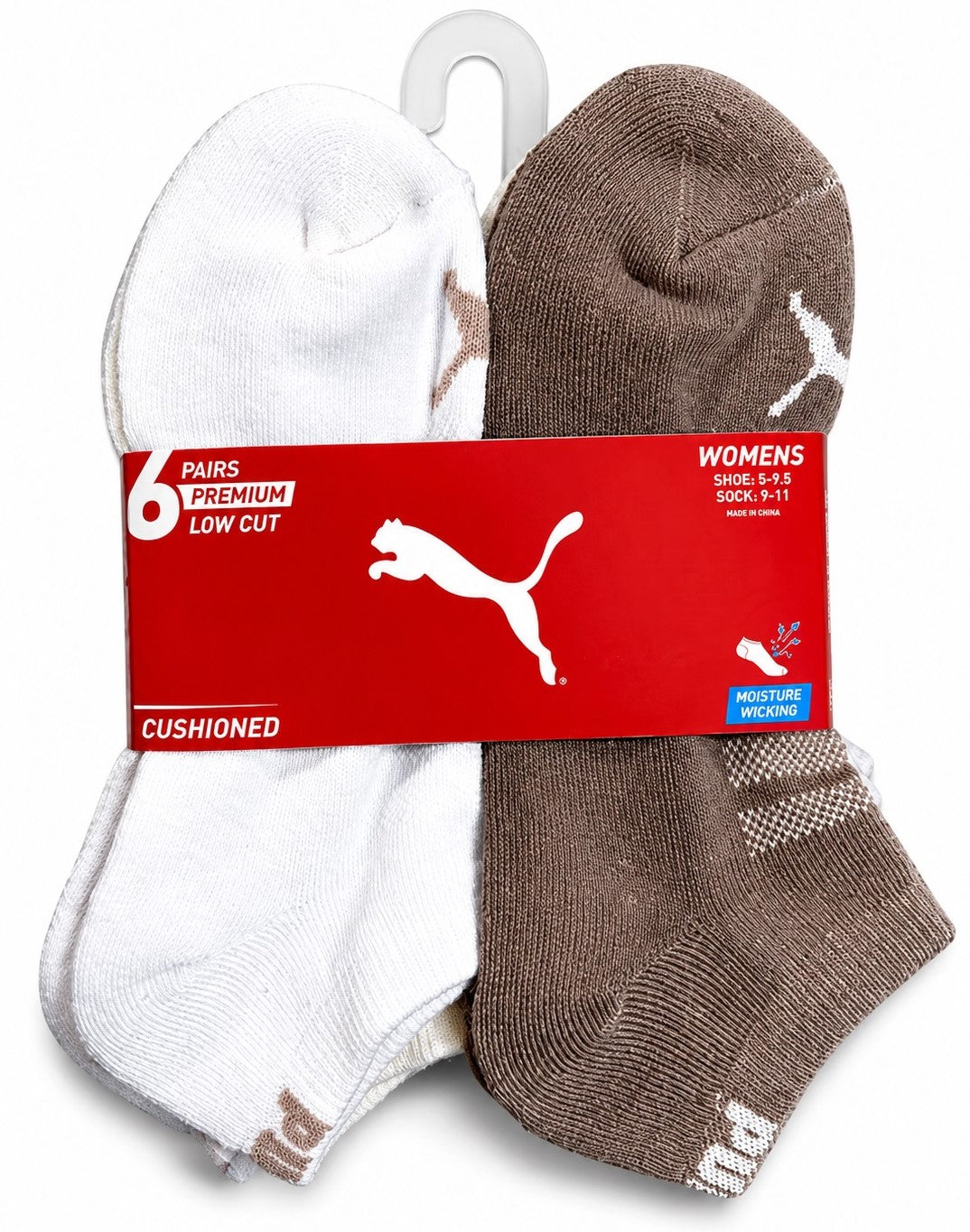 PUMA SOCKS WOMEN'S - LOW CUT 263 - FERN WHITE BROWN - SHOE SZ 5-9.5 -PACK 6