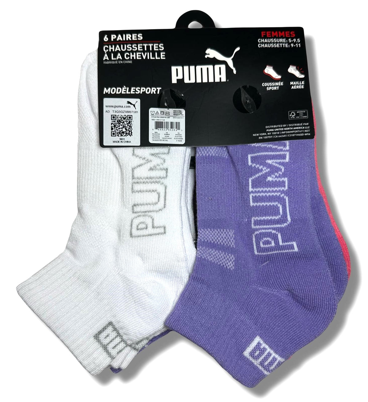 PUMA SOCKS WOMEN'S - QUARTER 253 - SLATE DK PINK PURPLE - SHOE SZ 5-9.5 -PACK 6