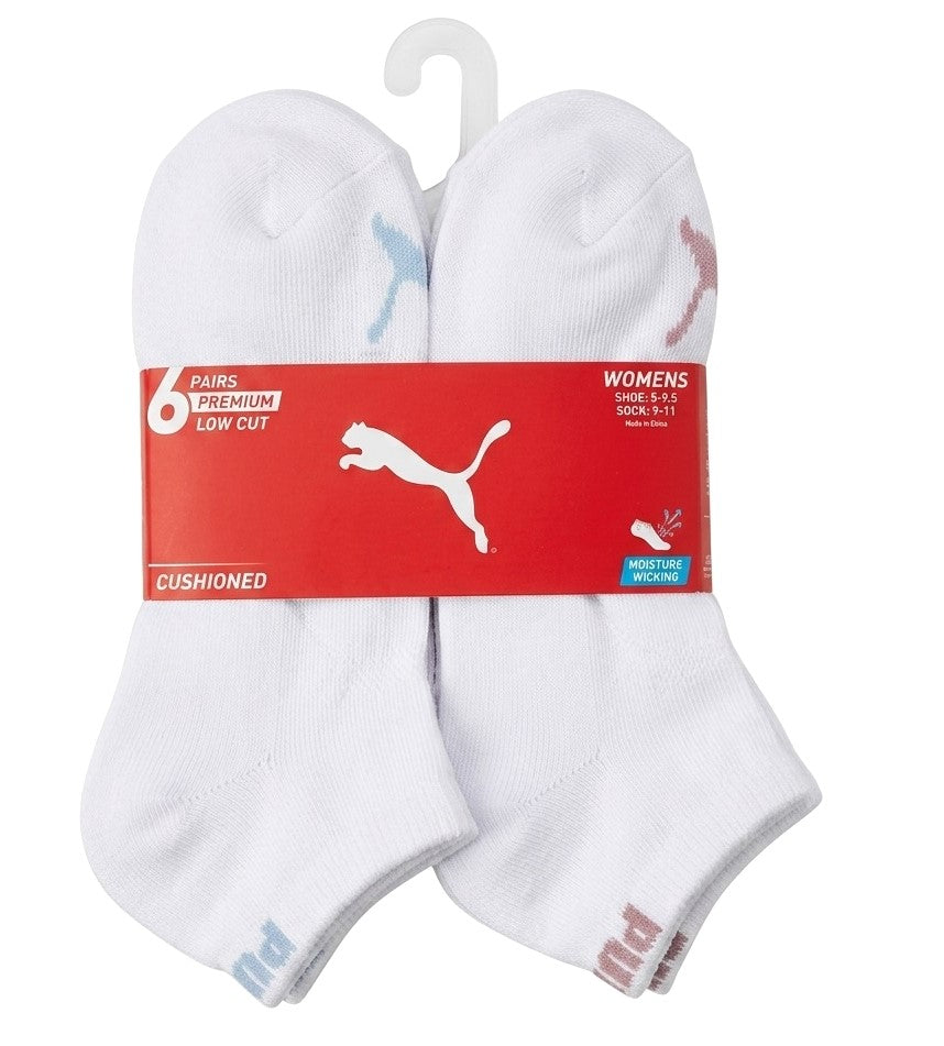 PUMA SOCKS WOMEN'S - LOW CUT 263 - FERN WHITE BLUE PINK - SHOE SZ 5-9.5 -PACK 6