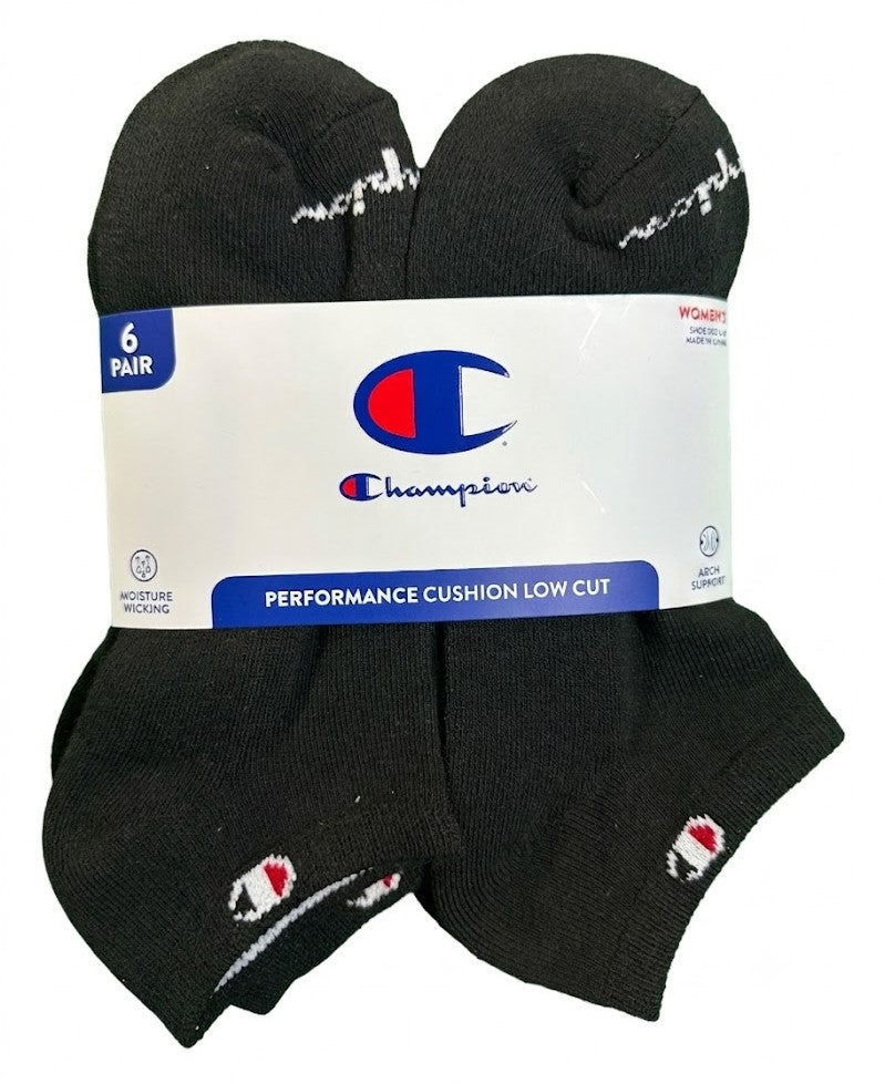 CHAMPION SOCKS WOMEN'S - LOW CUT - 263 BLACK SOLID 3 - SHOE SZ 5-9 PACK 6