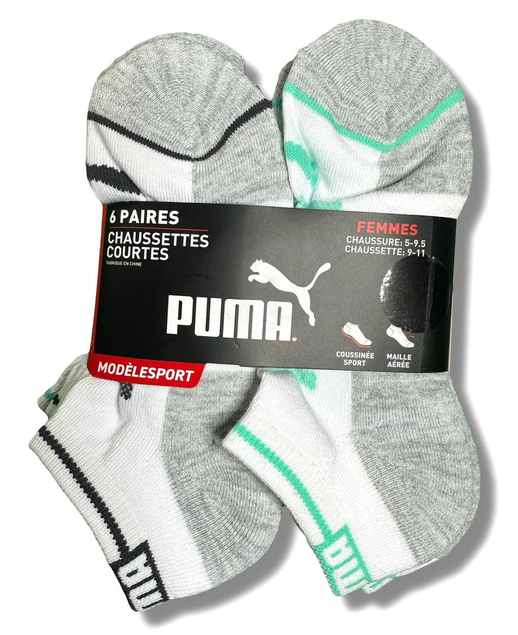 PUMA SOCKS WOMEN'S - LOW CUT 253 - GLEE - PINK GREEN - SHOE SZ 5-9.5 -PACK 6