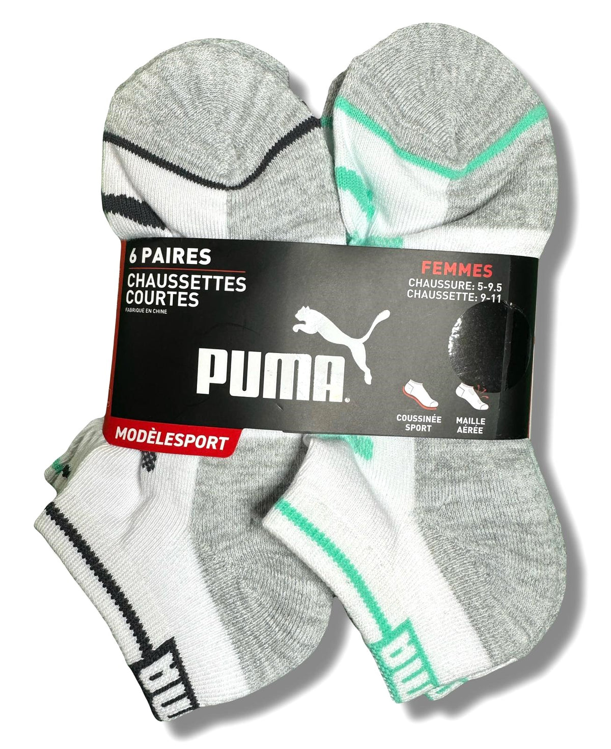 PUMA SOCKS WOMEN'S - LOW CUT 253 - GLEE - PINK GREEN - SHOE SZ 5-9.5 -PACK 6
