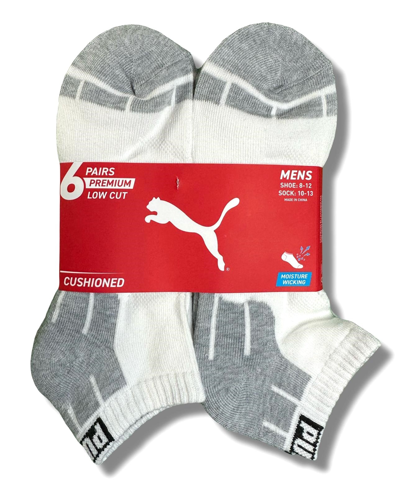PUMA SOCKS MEN'S - LOW CUT - CUBE 253 - WHITE GREY 3 - LARGE (10-13) PACK 6 XX